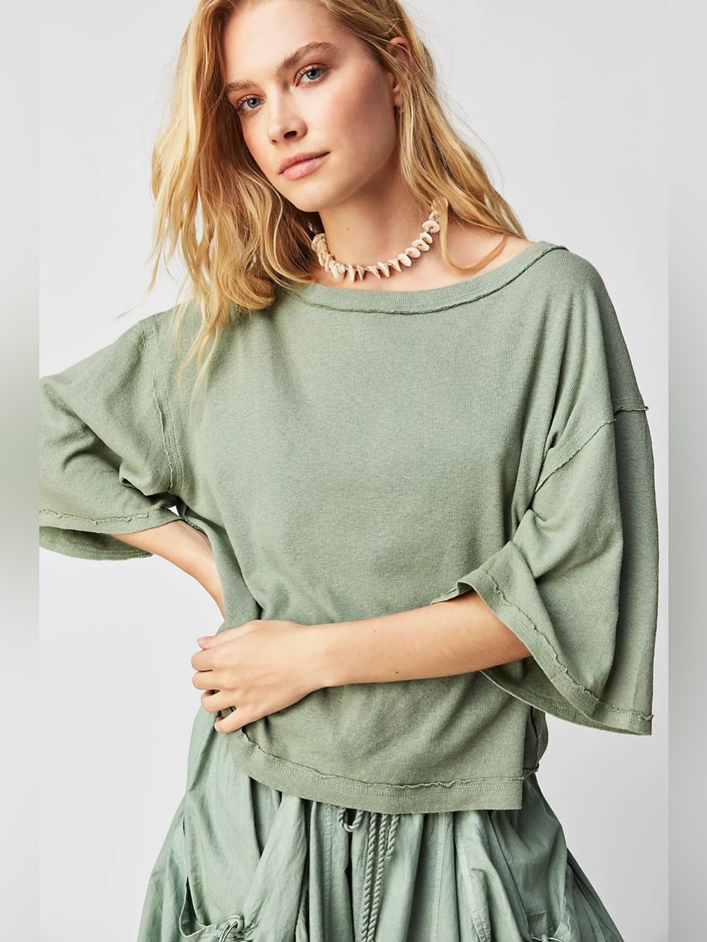 We The Free by Free People Puff Sleeve Oversized Crop Sage T Shirt